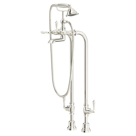 Traditional Floor Mount Bathtub Filler with Hand Shower and Lever Handles