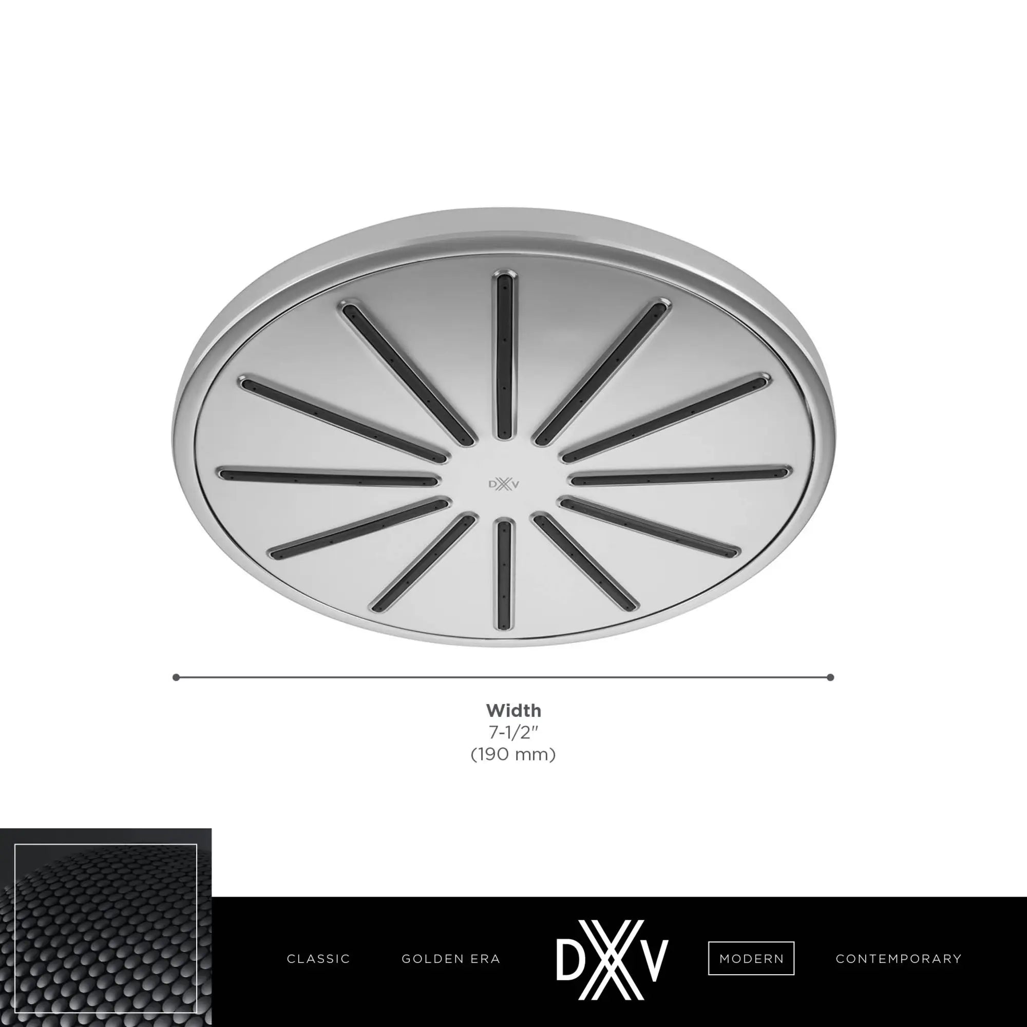 DXV® Modulus Single Function 7.5 in. Round Showerhead // MATTE BLACK // 153732_DXV_Modulus_Showerhead_D35120770_Info_2_0_CDNwebp.webp