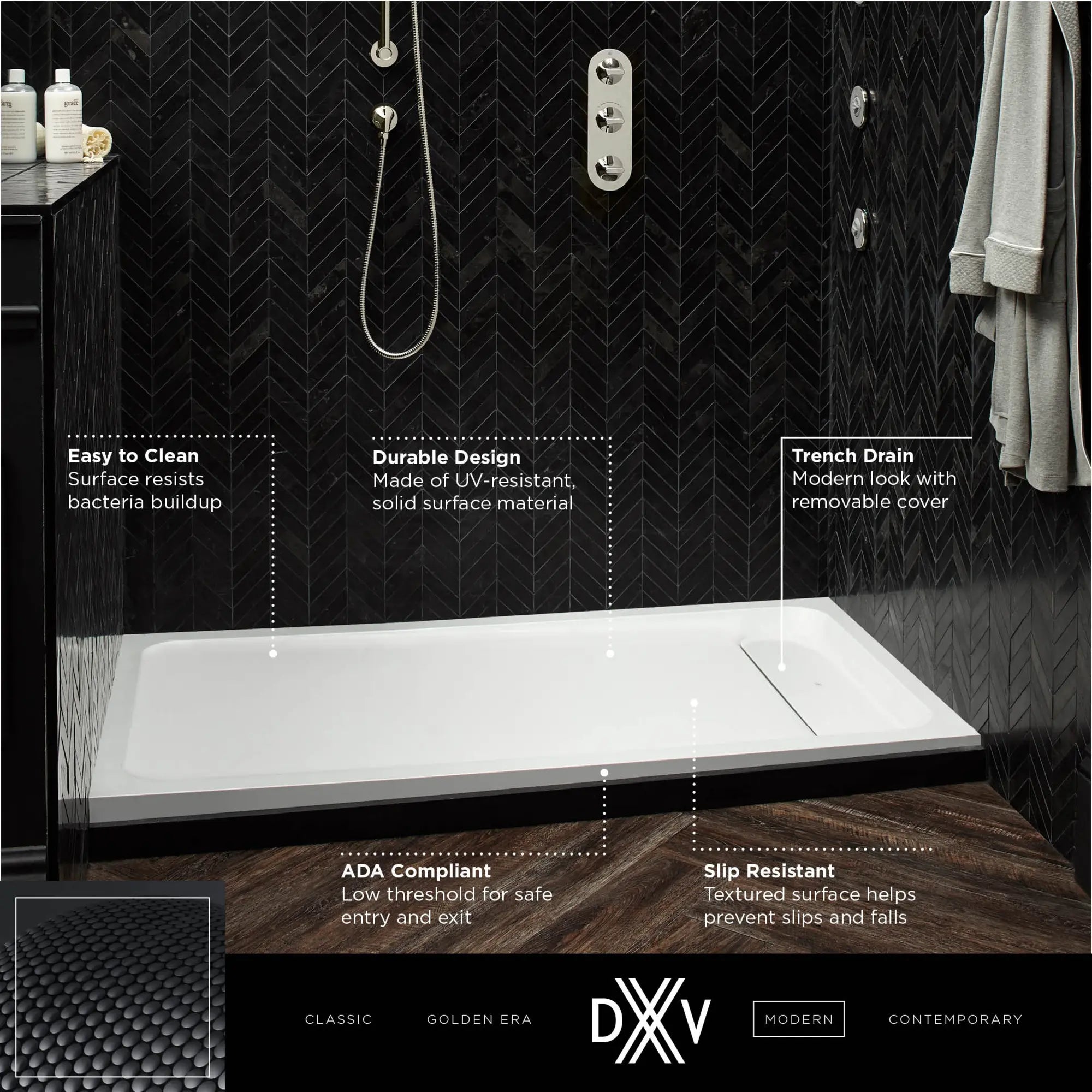 DXV® Modulus 60” X 30” SOLID SURFACE SHOWER BASE – LEFT DRAIN // MERINO WHITE // 153741_DXV_Shower_Base_60x30_D16030STL_D16030STR_1_0_CDNwebp.webp