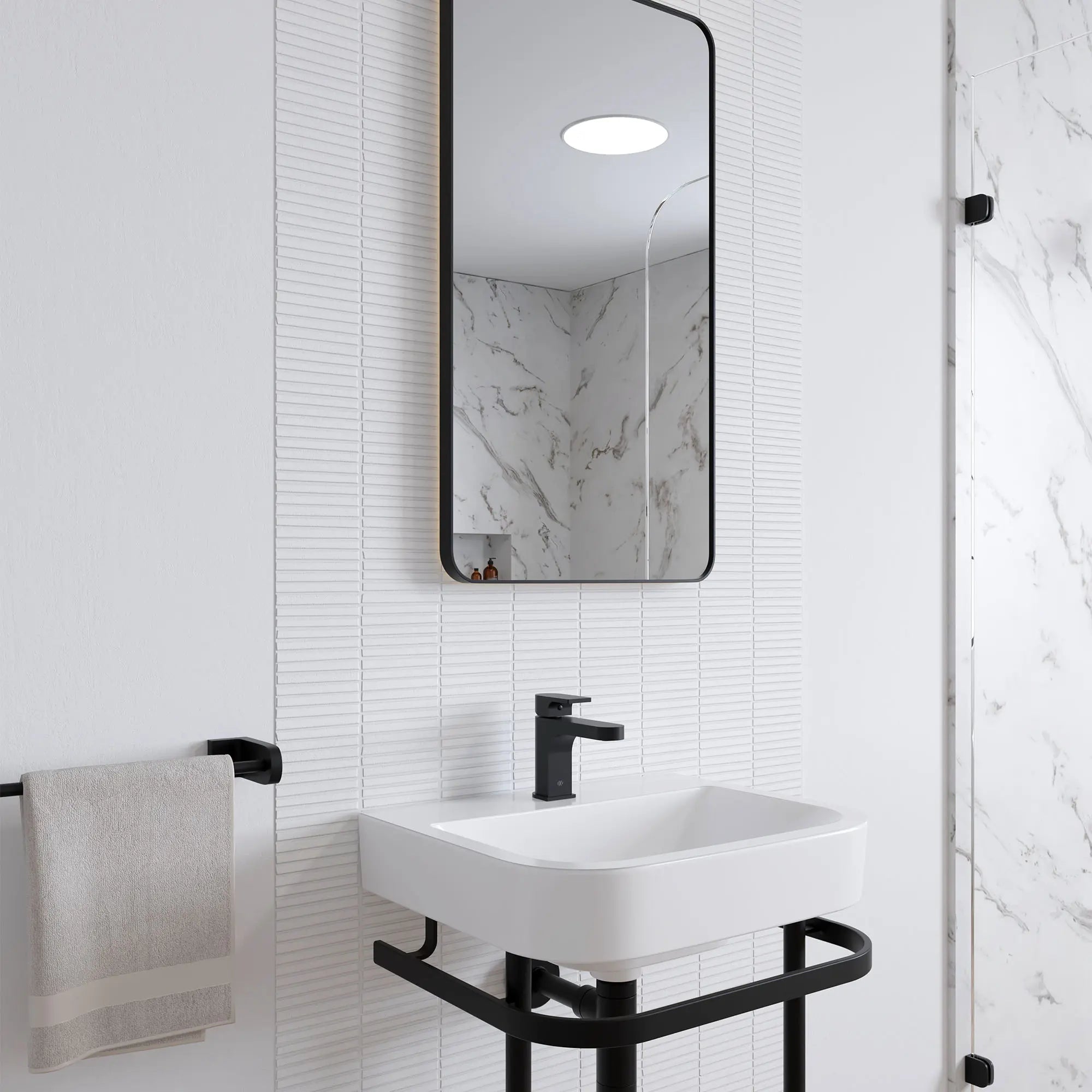 Equility® Single Handle Bathroom Faucet with Lever Handle // MATTE BLACK // 159643_Equility_Environment_D3510910C.243_D20175001.415_D21070022.243_0001_Mar2023_CDNwebp.webp