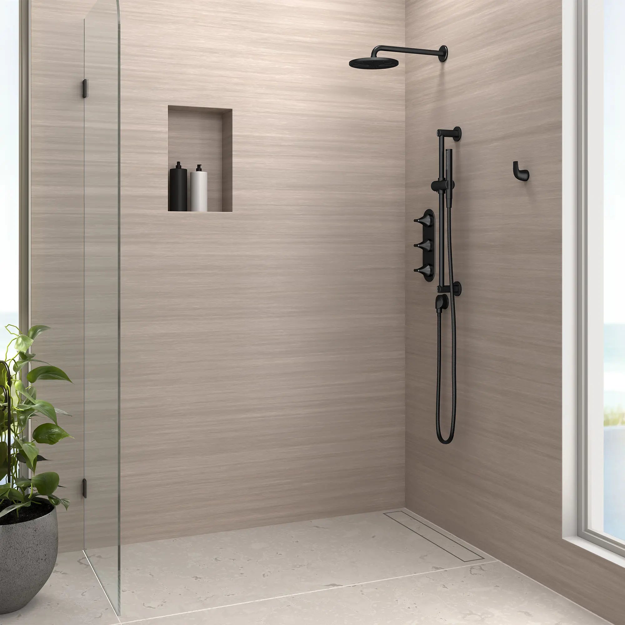 DXV® Modulus Single Function 7.5 in. Round Showerhead // MATTE BLACK // 159648_Modulus_Environment_D35700317.243_D35120770.243_D35120210.243_D35120780.243_D35120537.243_0001_Mar2023_0001_Mar2023_CDNwebp.webp