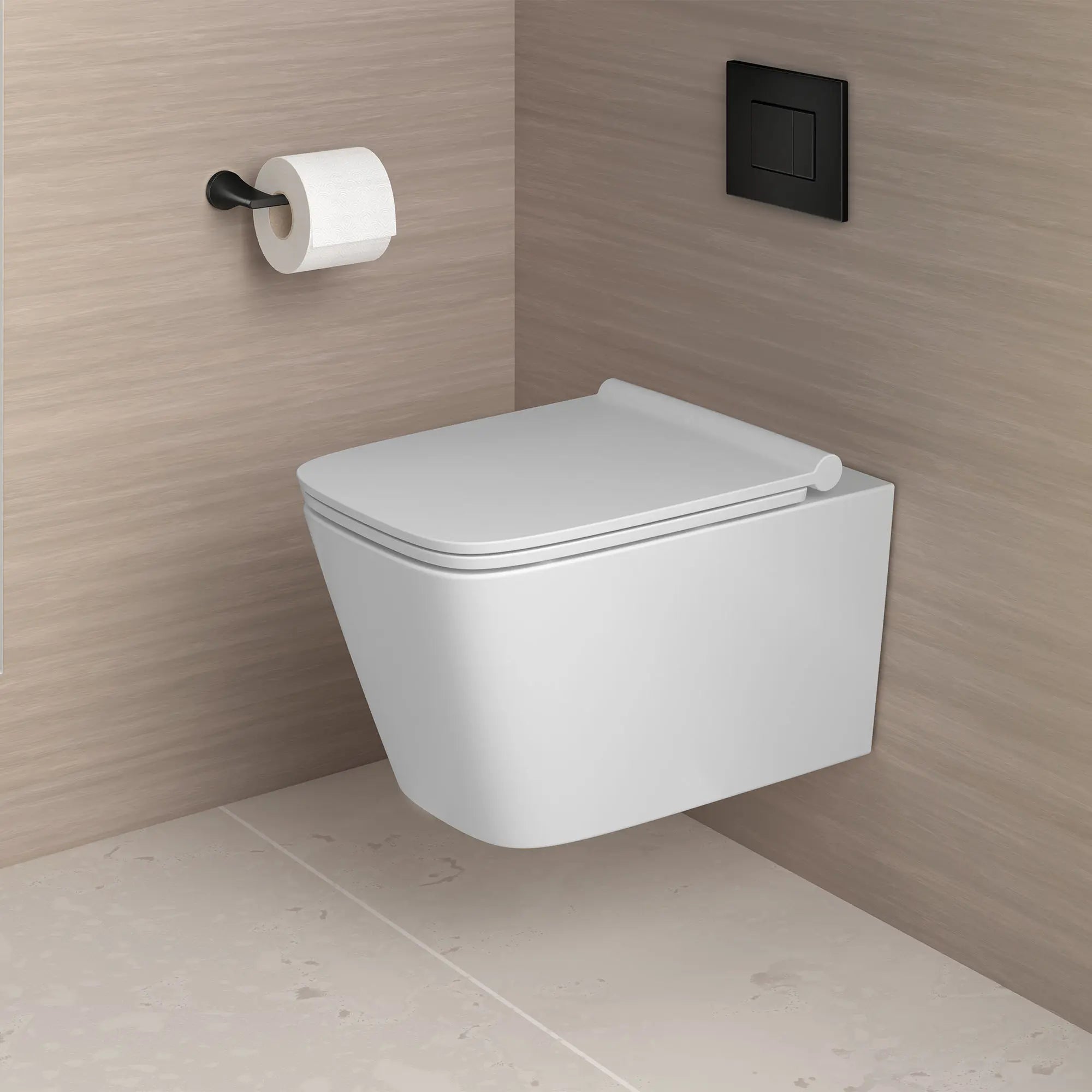 DXV® Modulus Single Arm Toilet Paper Holder // MATTE BLACK // 159653_Modulus_Environment_D23040A000.415_D28015000.243_D35120230.243_0001_Mar2023_0_CDNwebp.webp