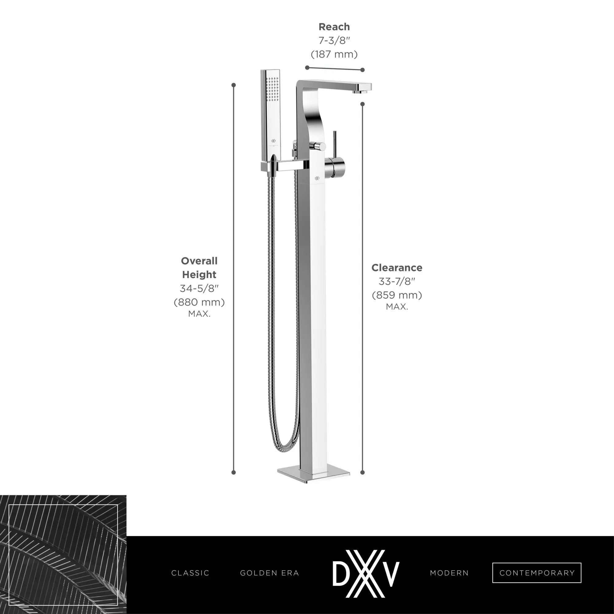 Equility® Square Floor Mount Bathtub Filler with Hand Shower and Lever Handle // POLISHED CHROME // 186071_Equility_Infographic_D3590090C_0002_SEPT2023_0_CDNwebp.webp