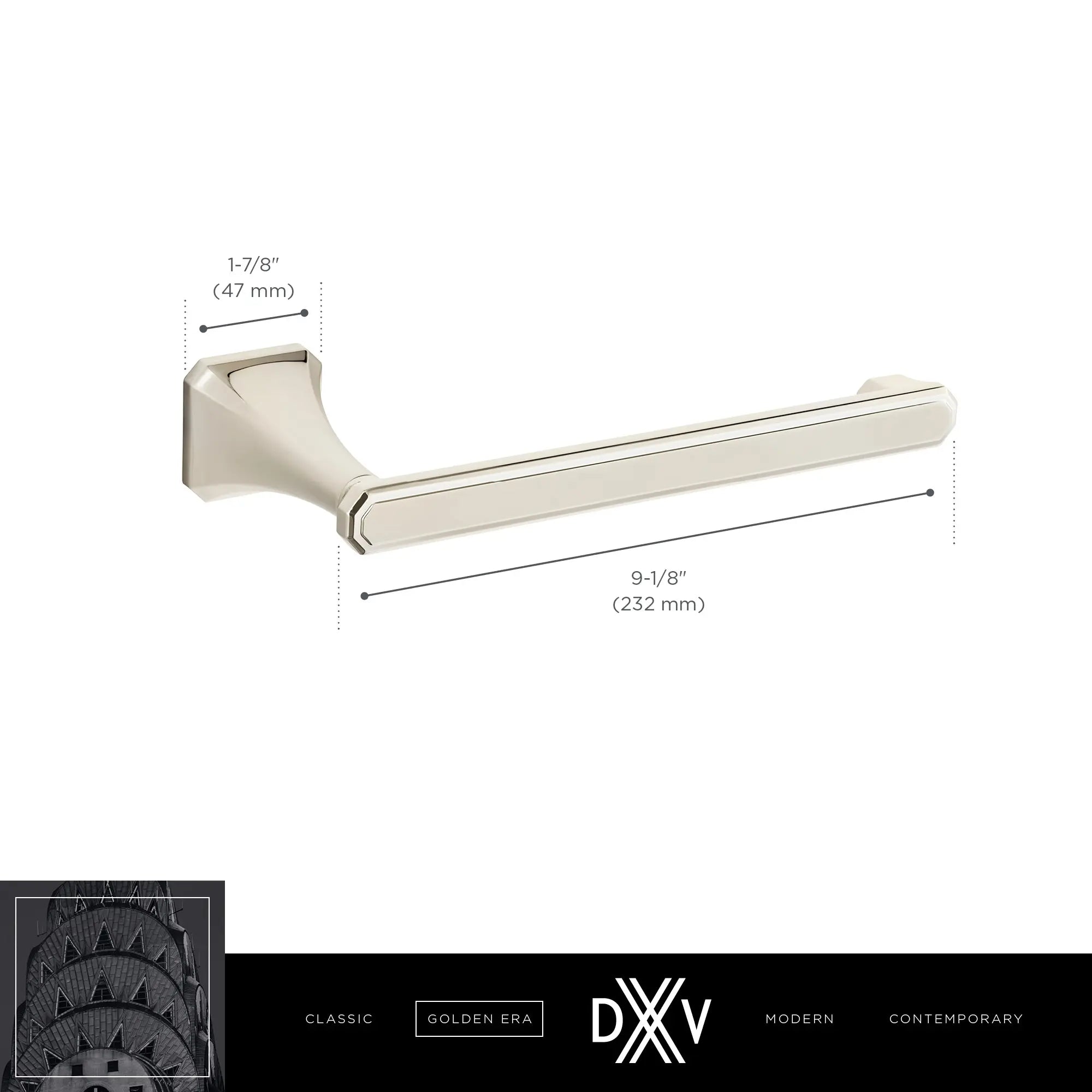 Belshire® 9 in. Single Arm Towel Rack // POLISHED CHROME // 68237_DXV_Belshire_D35170190_Towel_Arm_Info_CDNwebp.webp