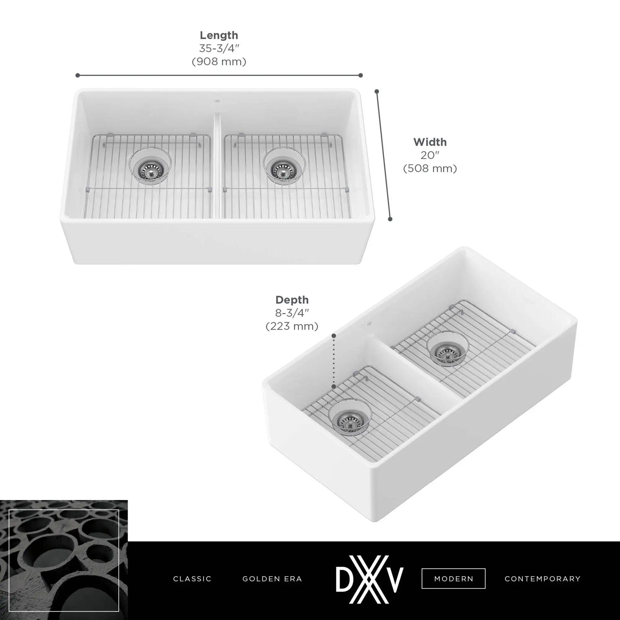 Etre® 36 in. Double Apron Kitchen Sink // CANVAS WHITE // 68304_DXV_Etre_Double_Bowl_36x20_Kitchen_Sink_D21180DB3620_Info_2_CDNwebp.webp