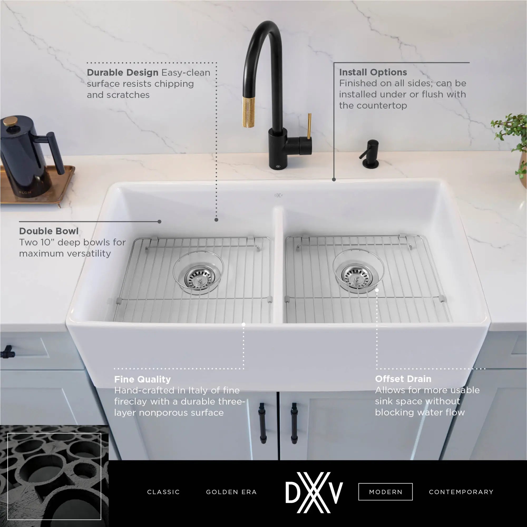 Etre® 36 in. Double Apron Kitchen Sink // CANVAS WHITE // 68305_DXV_Etre_Double_Bowl_36x20_Kitchen_Sink_D21180DB3620_Info_1_0_CDNwebp.webp