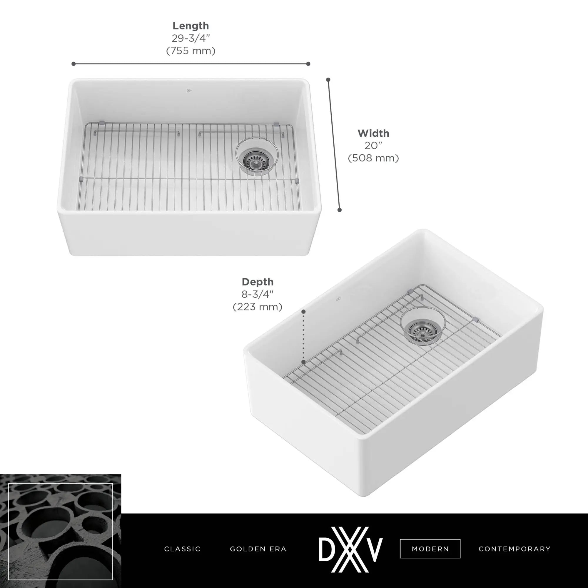 Etre® 30 in. Apron Kitchen Sink with Offset Drain // CANVAS WHITE // 68310_DXV_Etre_Single_Bowl_30x20_Kitchen_Sink_D21180SB3020_Info_1_CDNwebp.webp