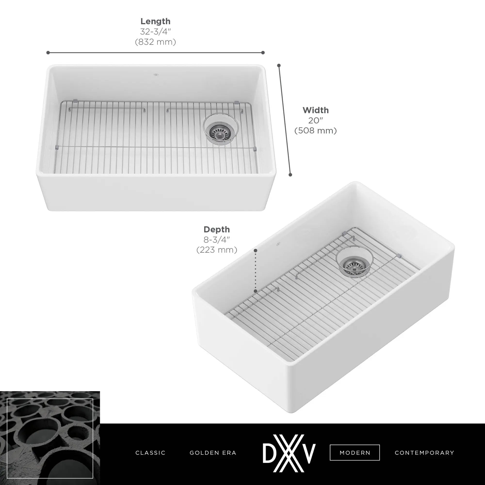 Etre® 33 in. Apron Kitchen Sink with Offset Drain // CANVAS WHITE // 68313_DXV_Etre_Single_Bowl_33x20_Kitchen_Sink_D21180SB3320_Info_1_CDNwebp.webp
