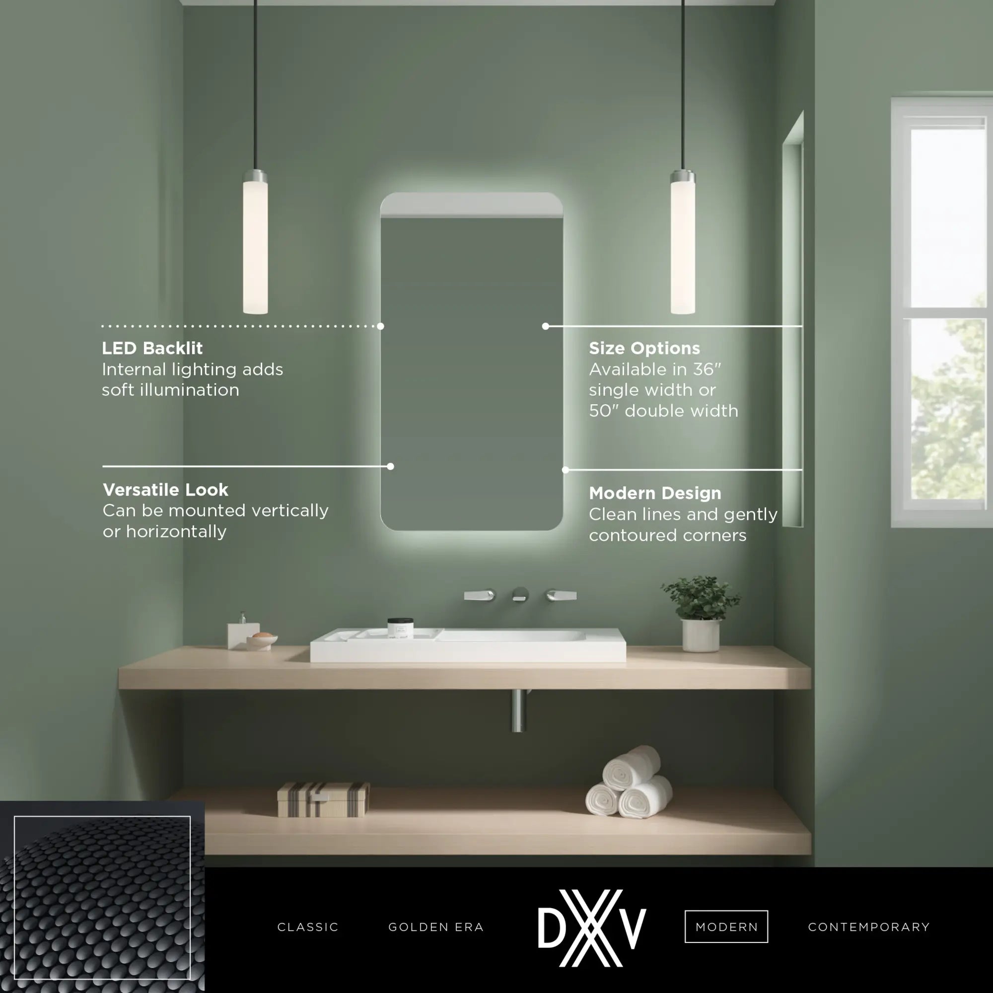 DXV Modulus® 36 in. x 20 in. LED Backlit Mirror // UNFINISHED // 68349_DXV_Modulus_Single_Mirror_D19050036_Info_1_CDNwebp.webp
