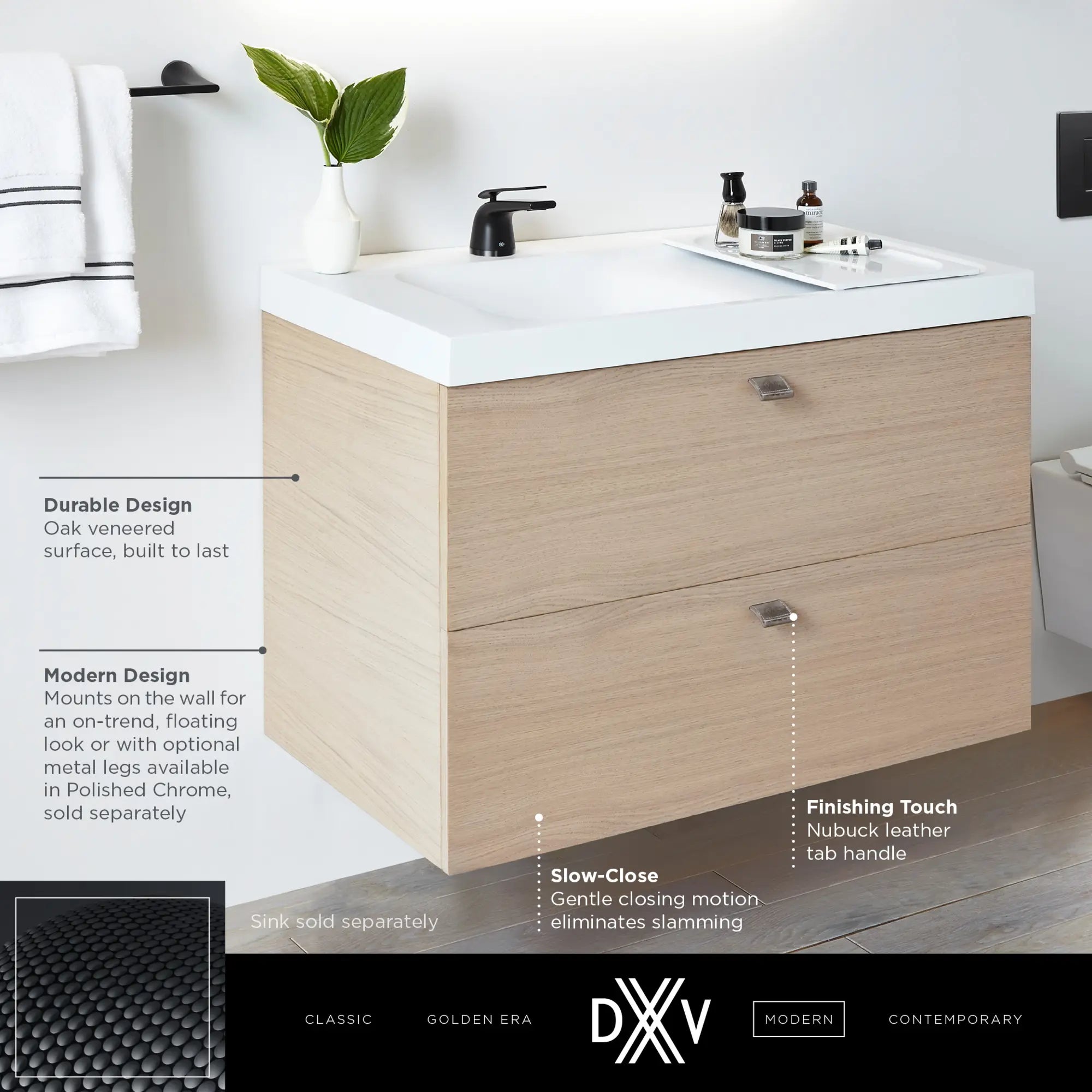 DXV® Modulus 36 in. Two-Drawer Single Vanity Only // NATURAL OAK // 68357_DXV_Modulus_WallHung_Vanity_D19075036LH_Info_1_CDNwebp.webp