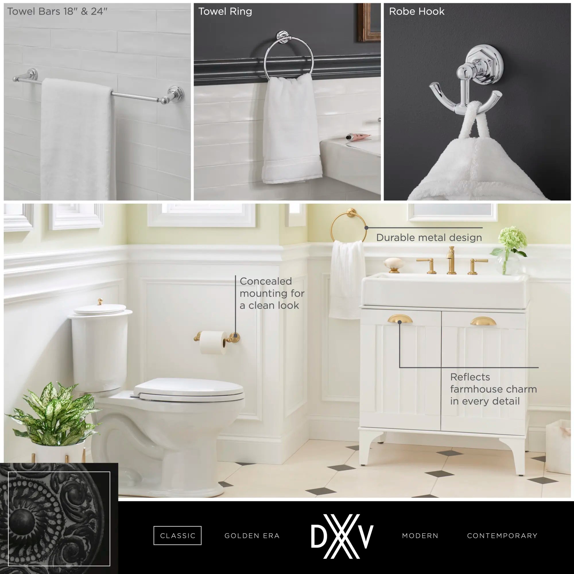 Oak Hill® Towel Ring // POLISHED CHROME // 68366_DXV_Oak_Hill_Acessories_D35155180_D35155240_D35155190_D35155210_D35155235_Infographics_1_CDNwebp.webp