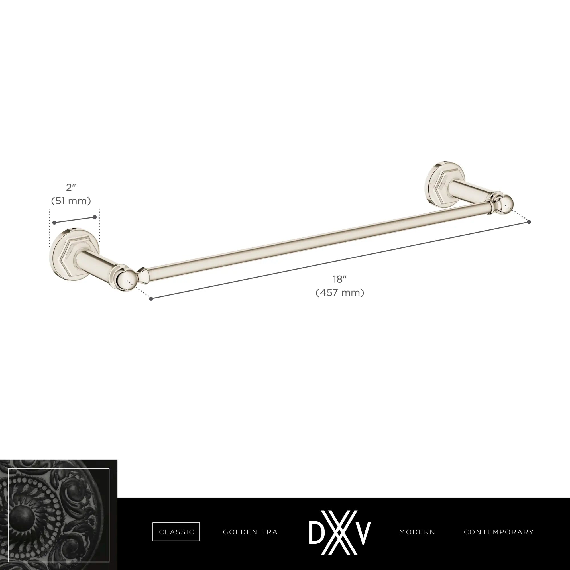 Oak Hill® 18 in. Towel Rack // POLISHED CHROME // 68367_DXV_Oak_Hill_Acessories_D35155180_Infographic_1_CDNwebp.webp