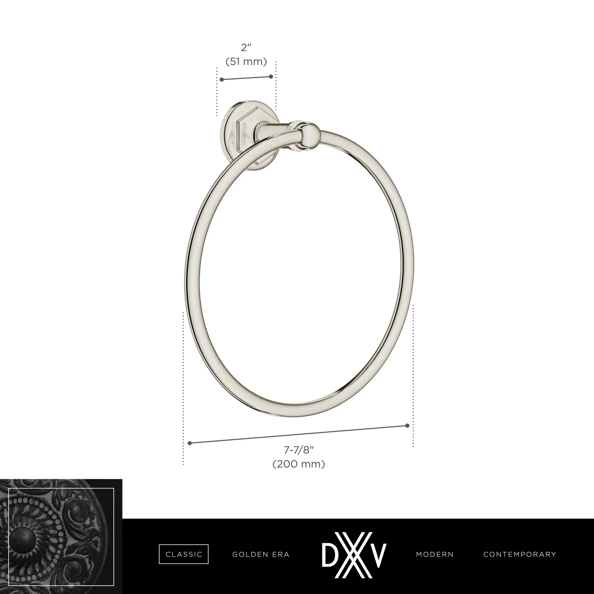 Oak Hill® Towel Ring // POLISHED CHROME // 68368_DXV_Oak_Hill_Acessories_D35155190_Infographic_1_CDNwebp.webp