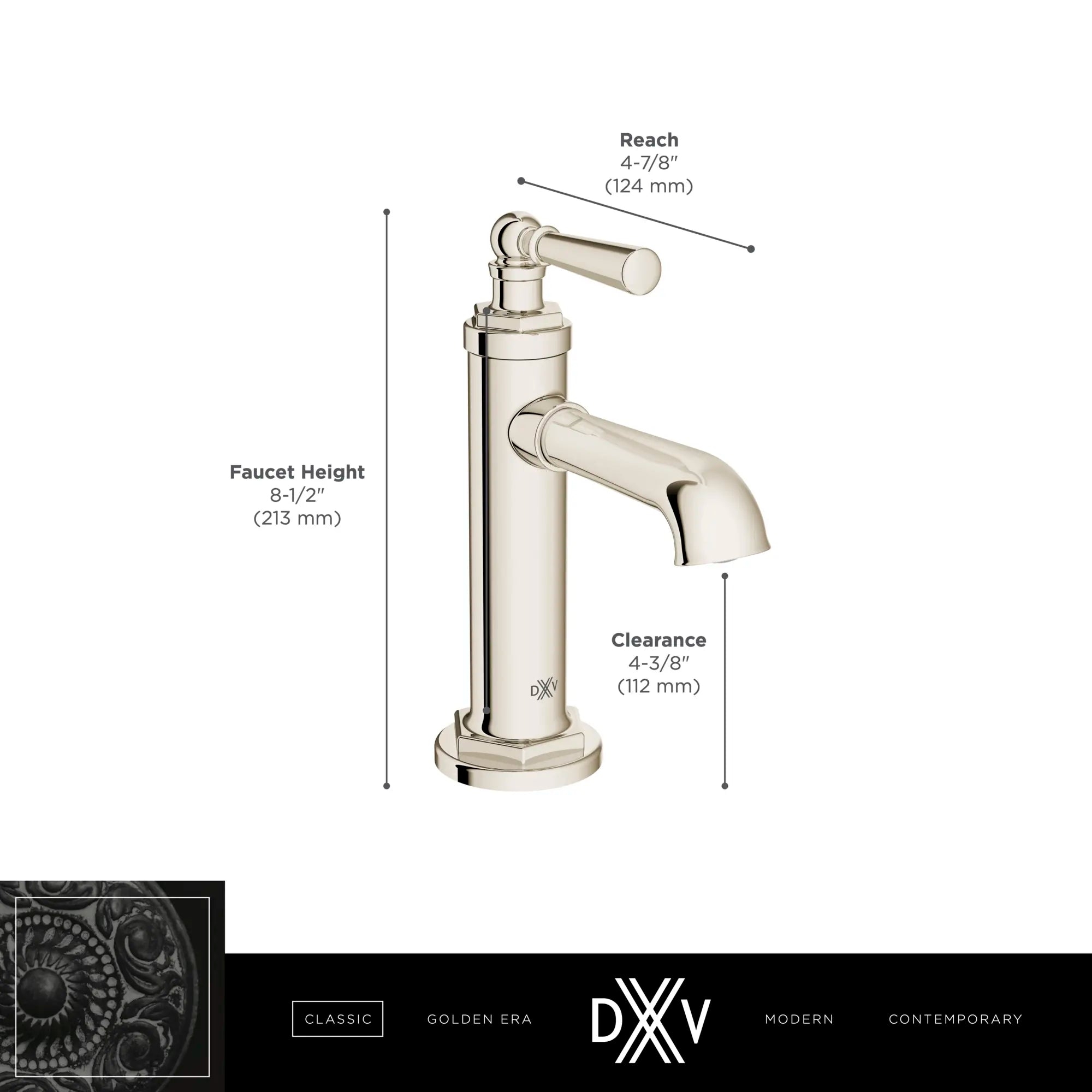 Oak Hill® Single Handle Bathroom Faucet with Lever Handle // POLISHED CHROME // 68377_DXV_Oak_Hill_Single_Handle_Faucet_D35155100_Infographic_2_CDNwebp.webp