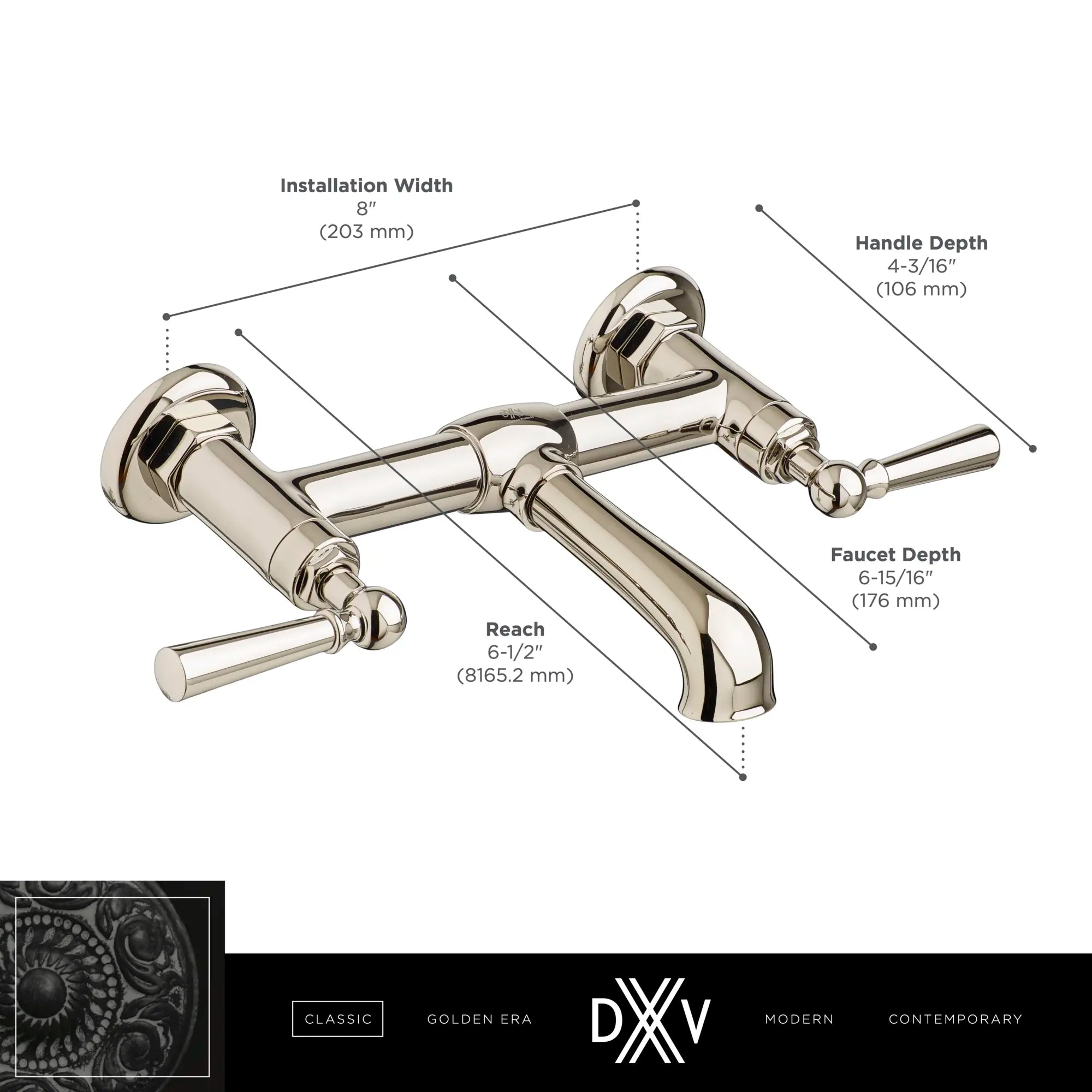 Oak Hill® 2-Handle Wall Mount Bathroom Faucet with Lever Handles // POLISHED CHROME // 68379_DXV_Oak_Hill_Wall_Mount_Faucets_D3515545C_Infographic_2_CDNwebp.webp