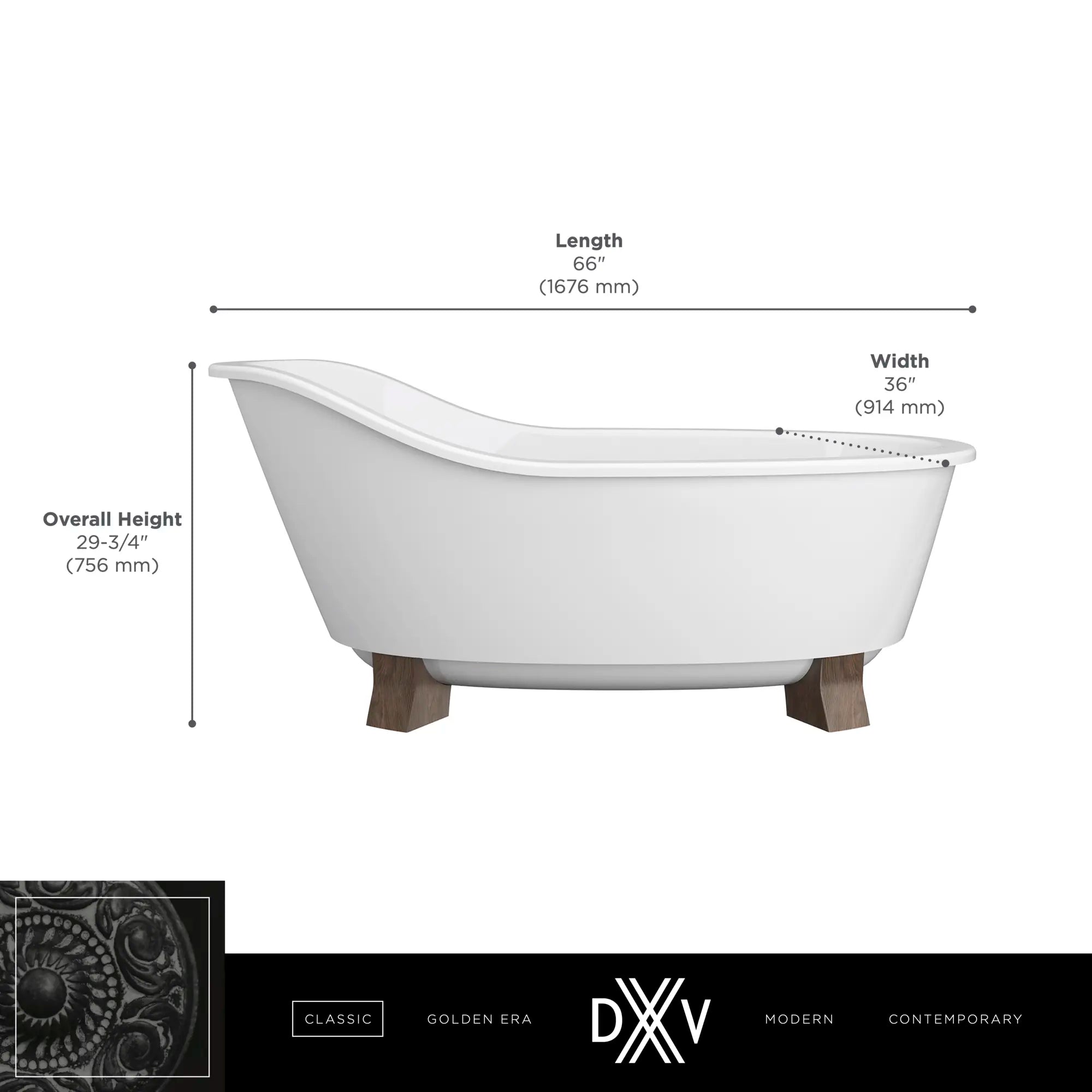 Oak Hill® 66 in. x 36 in. Freestanding Bathtub with Feet // WEATHERED OAK // 68387_DXV_Oak_Hill_FST_D12025014_Infographic_2_CDNwebp.webp