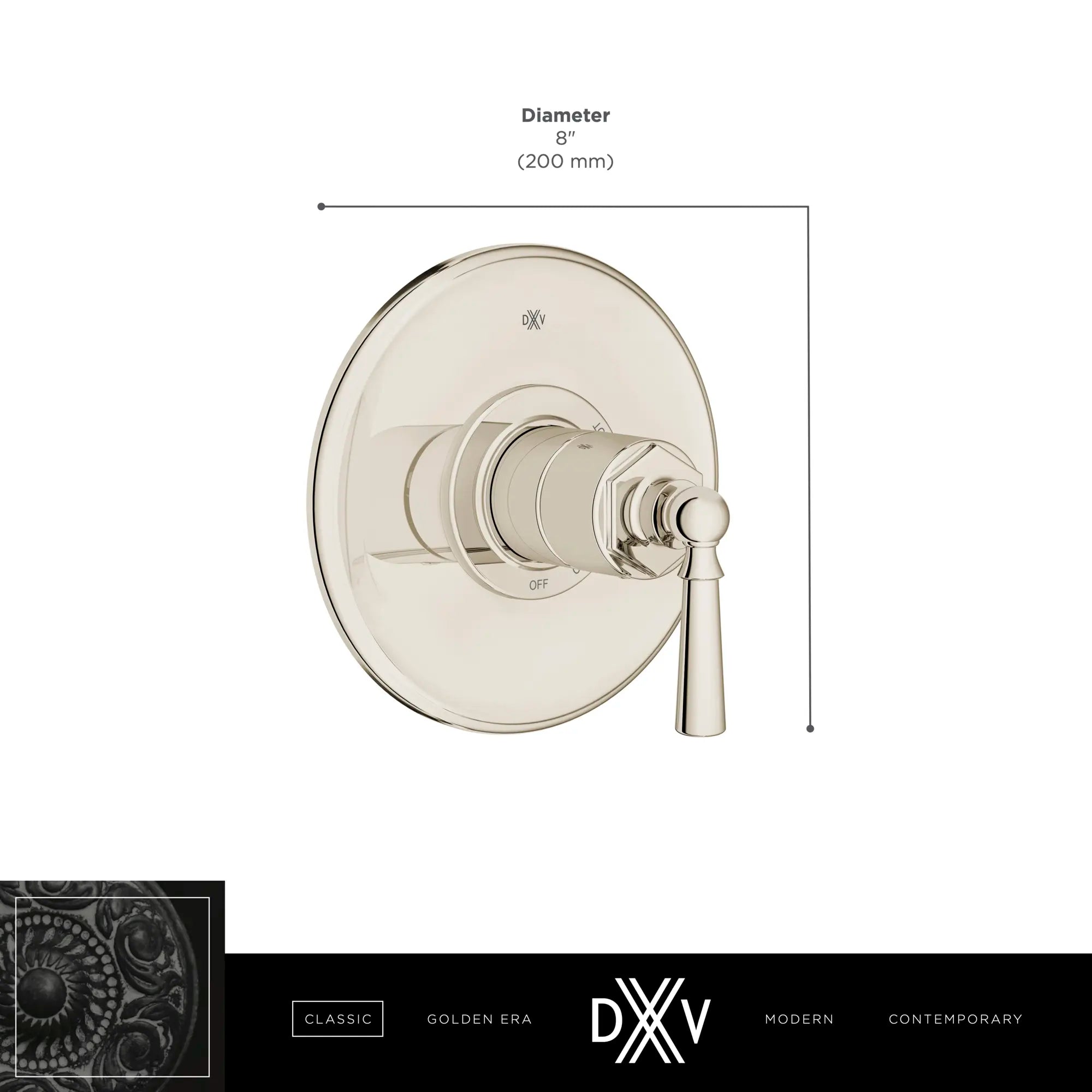 Oak Hill® Single Handle Pressure Balance Valve Trim Only with Lever Handle // POLISHED CHROME // 68396_DXV_Oak_Hill_PBV_10_less_diverter_D35155500_Info_1_CDNwebp.webp