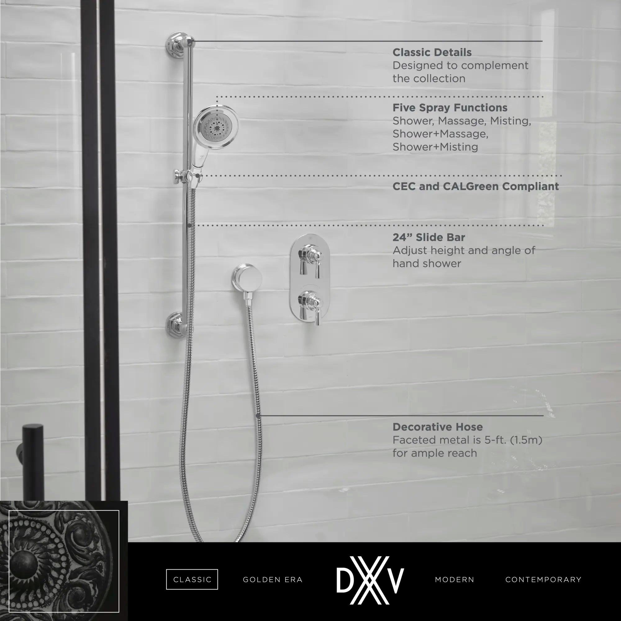 Oak Hill® Personal Hand Shower Set with Adjustable 24 in. Slide Bar // POLISHED CHROME // 68398_DXV_Oak_Hill_Personal_Shower_D35155780_Infographic_1_CDNwebp.webp