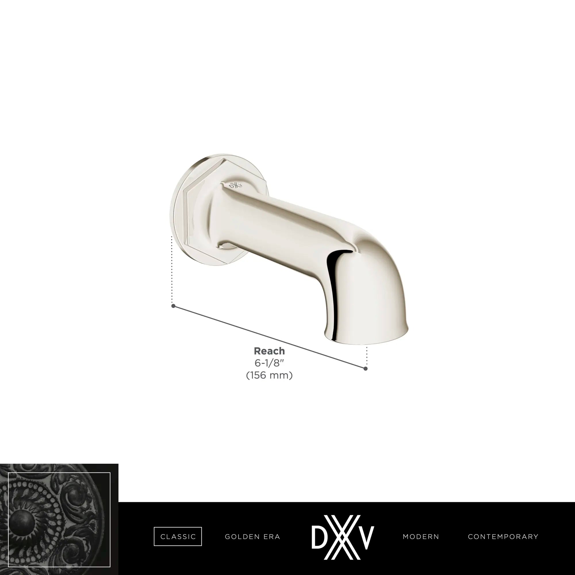 Oak Hill® Wall Mount Bathtub Spout // POLISHED CHROME // 68403_DXV_Oak_Hill_TubSpout_Dims_D35155760_Infographic_1_CDNwebp.webp