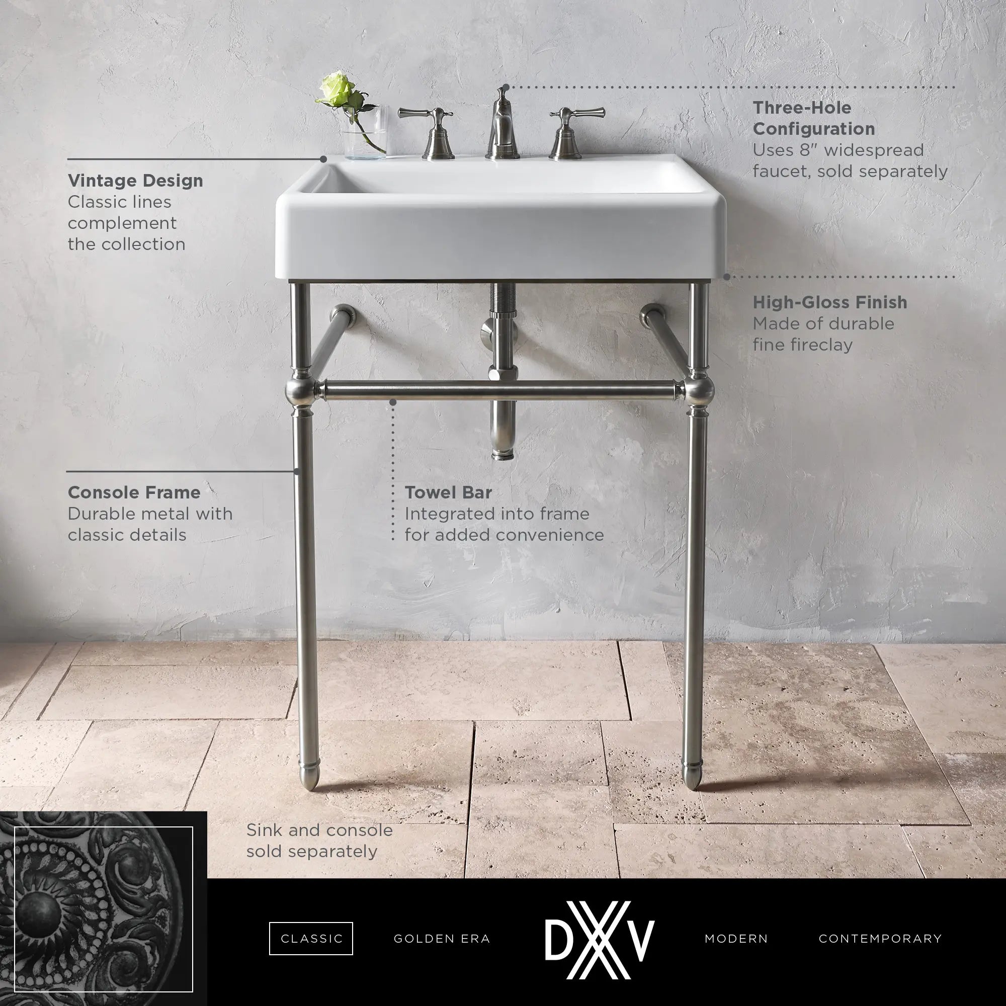 Oak Hill® 24 in. Console Legs // POLISHED CHROME // 68407_DXV_Oak_Hill_Console_D21411024_D20161008_Info_1_0_CDNwebp.webp