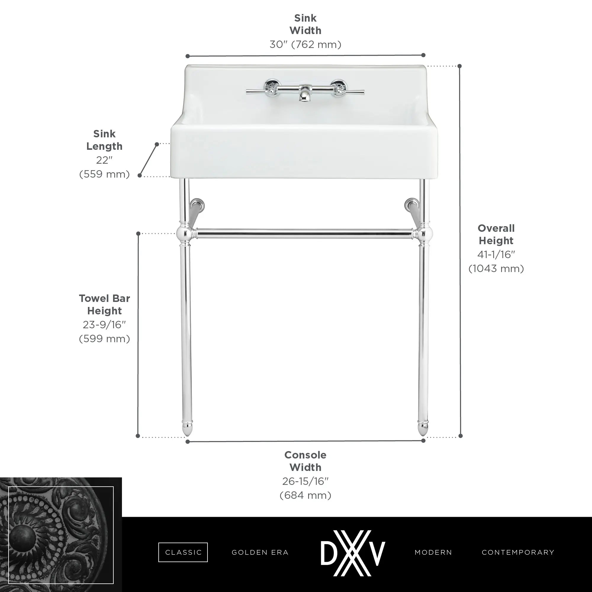 Oak Hill® 30 in. Console Legs // POLISHED CHROME // 68409_DXV_Oak_Hill_Console_D21411030_D20155002_Info_2_CDNwebp.webp