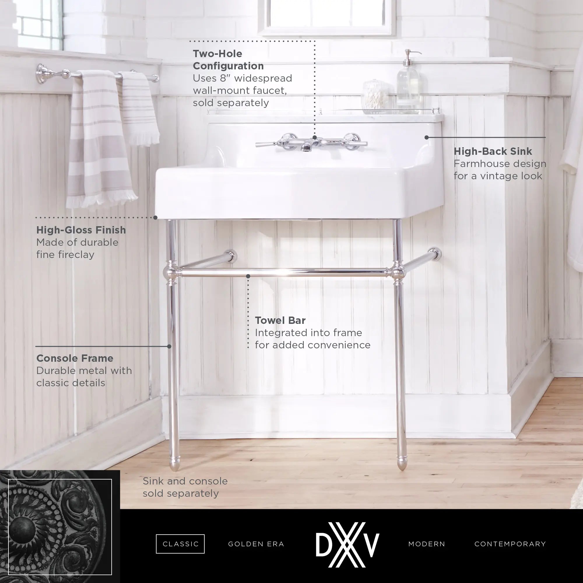 Oak Hill® 30 in. Console Legs // POLISHED CHROME // 68410_DXV_Oak_Hill_Console_D21411030_D20155002_Info_1_0_CDNwebp.webp