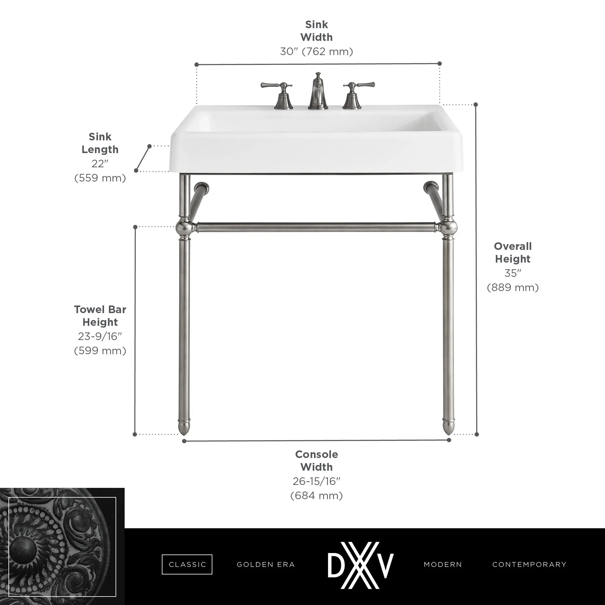 Oak Hill® 30 in. Console Legs // POLISHED CHROME // 68412_DXV_Oak_Hill_Console_D21411030_D20160008_Info_2_CDNwebp.webp