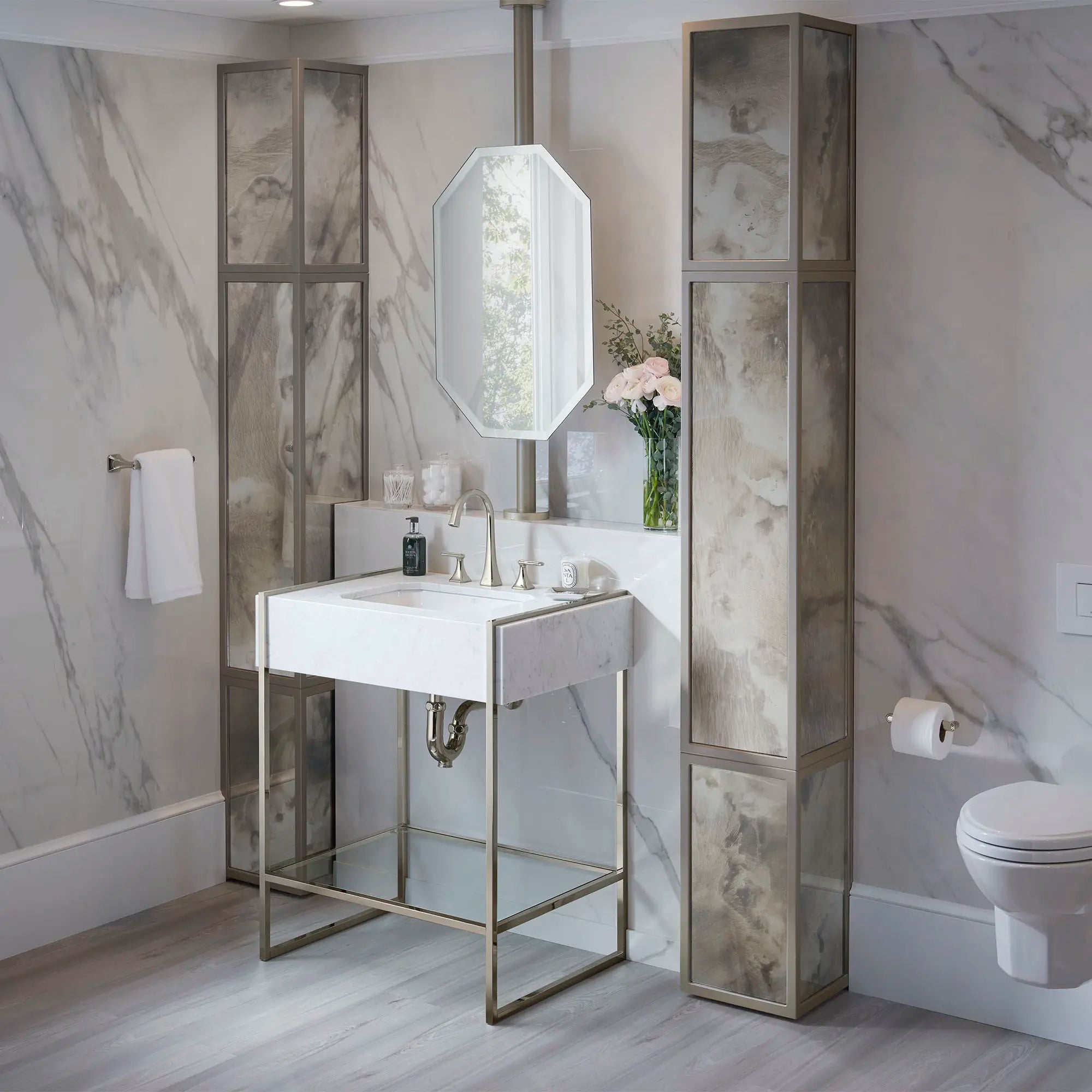 Belshire® 30 in. Carrara Marble Console Top, 3 Hole // CARRARA MARBLE // 83822_B-D20205000415_D21065000150_D19080003550_2_CDNwebp.webp