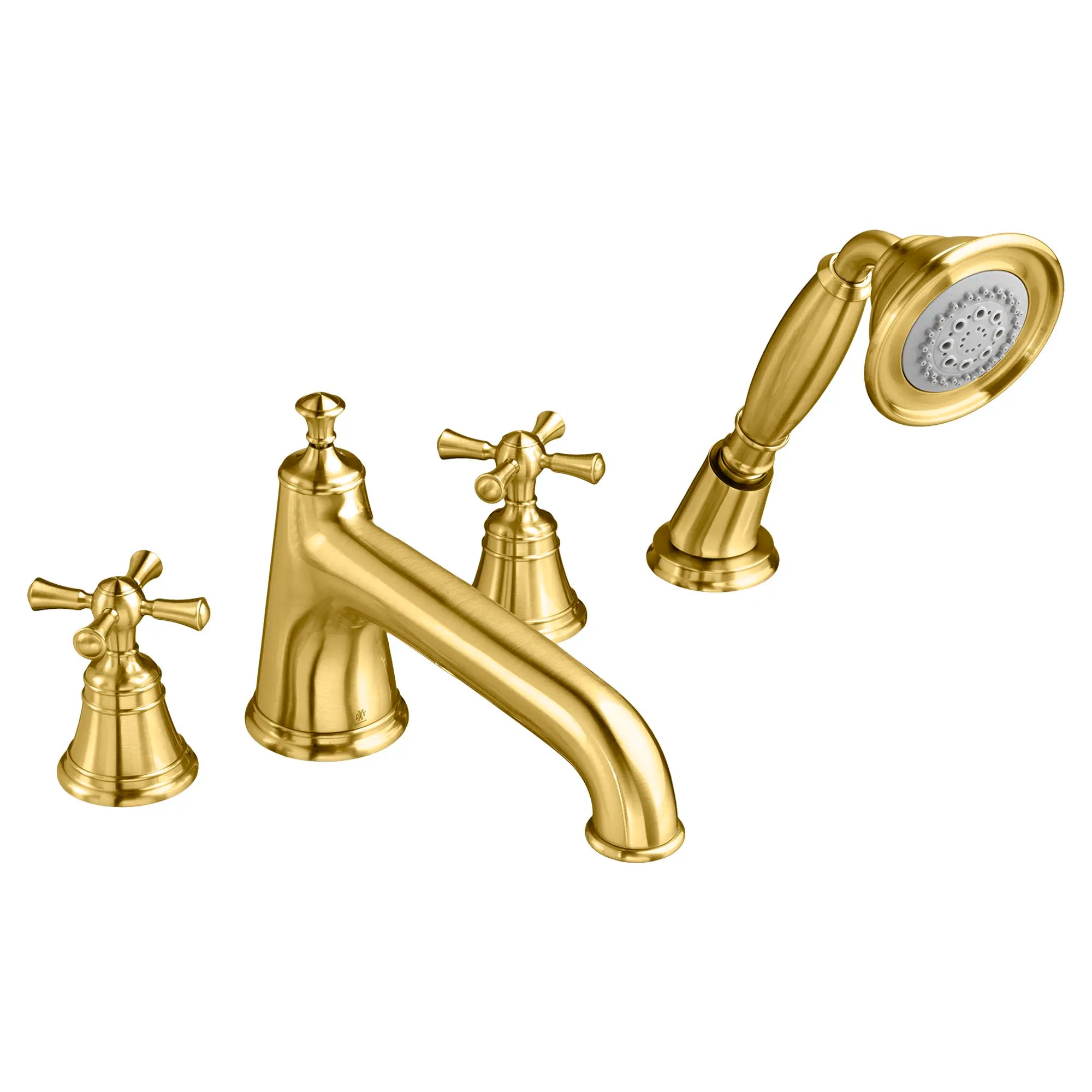 Deck Mount Tub Filler with Hand Shower - Cross Handles // SATIN BRASS // 93185_D35102940427_CDNwebp.webp