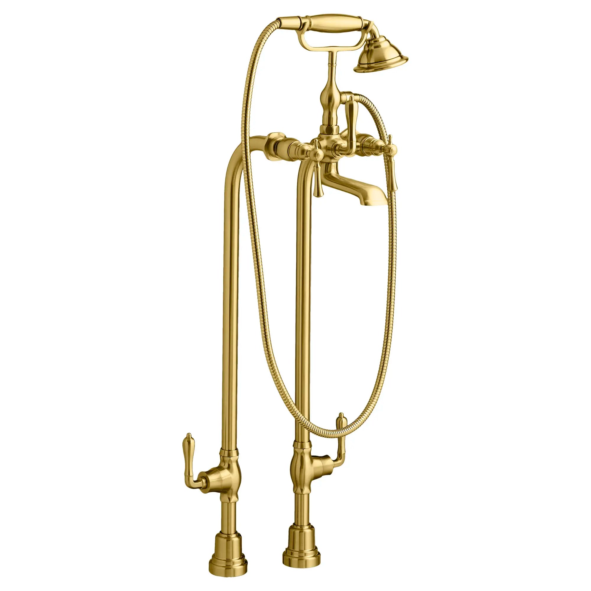 Transitional Floor Mount Bathtub Filler with Hand Shower and Lever Handles // SATIN BRASS // 93188_D35102950427_CDNwebp.webp
